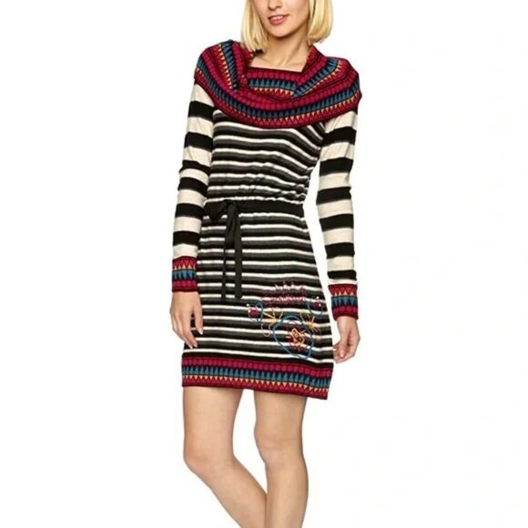 NWOT DESIGUAL Amber Striped Long Sleeve Wool Angora Cowl Neck Mini Dress Size M - Picture 1 of 9